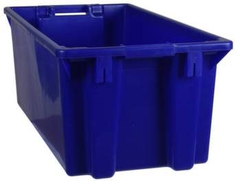 Plavi plastični kontejner, pravokutan, otvoren na vrhu. Pogodan za skladištenje ili transport predmeta.