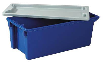 Plavi plastični kontejner s otvorenim poklopcem. Kontejner ima jednostavan pravokutni oblik i prazan je.