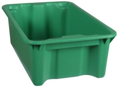 Zelena plastična kutija, pravokutnog oblika, ojačanih uglova, pogodna za skladištenje ili transportne svrhe.