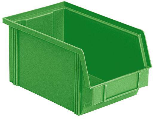 Zelena, pravokutna plastična kutija s otvorenim prednjim dijelom, pogodna za jednostavan pristup sadržaju, često korištena za skladištenje i organizaciju.