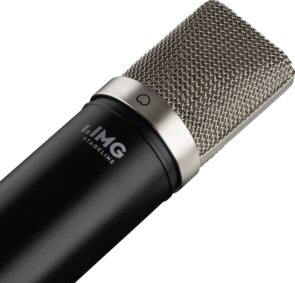 Crno cilindrično mikrofon sa srebrnom mrežastom glavom. Označeno 'IMG Stageline', pogodno za profesionalne audio snimke.