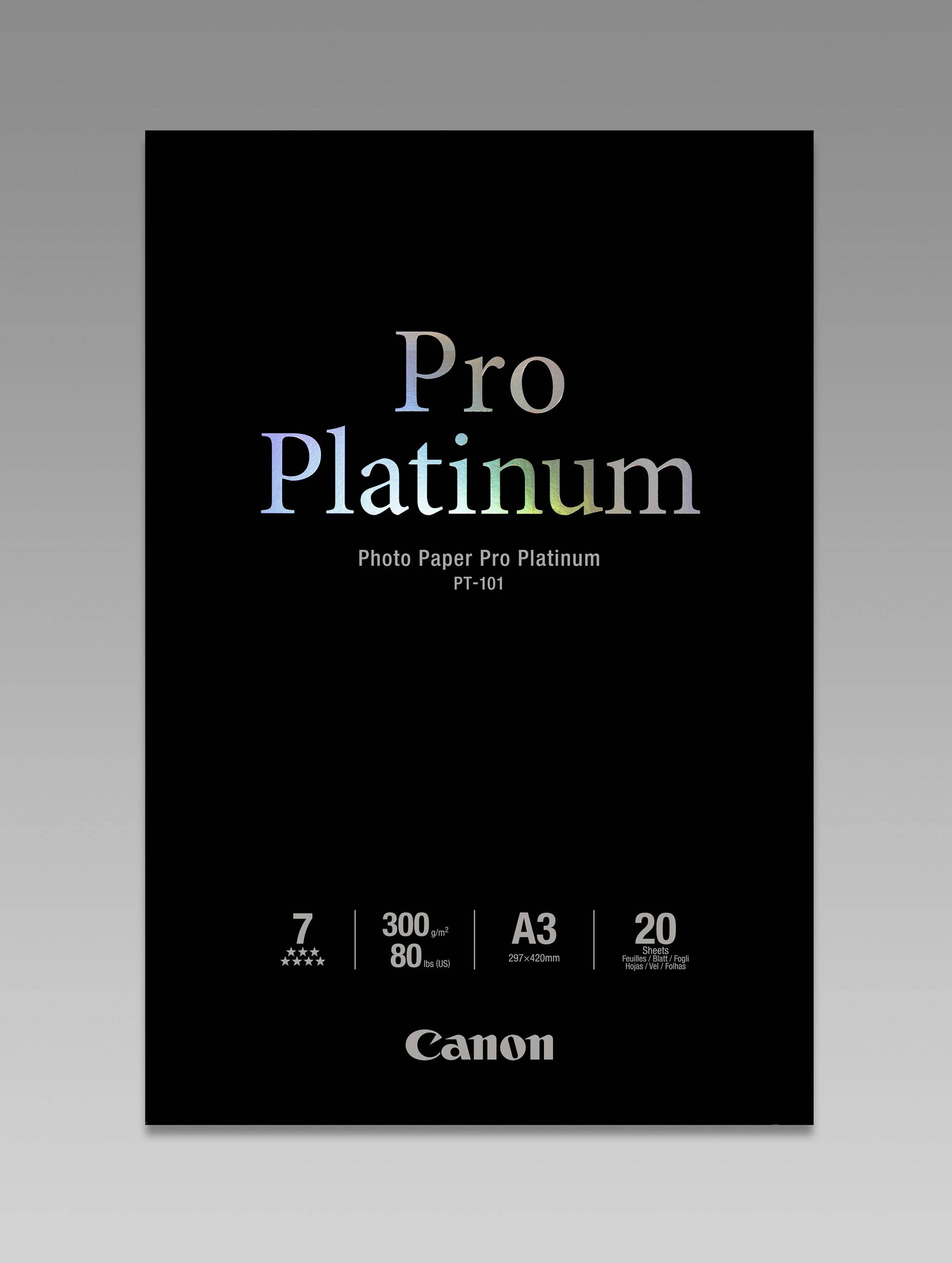 Pakiranja "Canon Pro Platinum Photo Paper PT-101". Detalji: 7 zvjezdica, 300 g/m², A3 (297x420 mm), 20 listova.