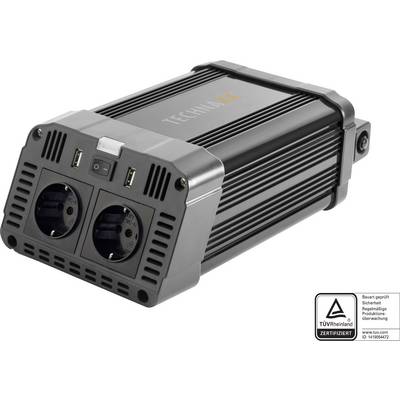 Crni naponski adapter s dvije utičnice i USB priključcima, TÜV-certificiran, postavljen na svijetloj podlozi.