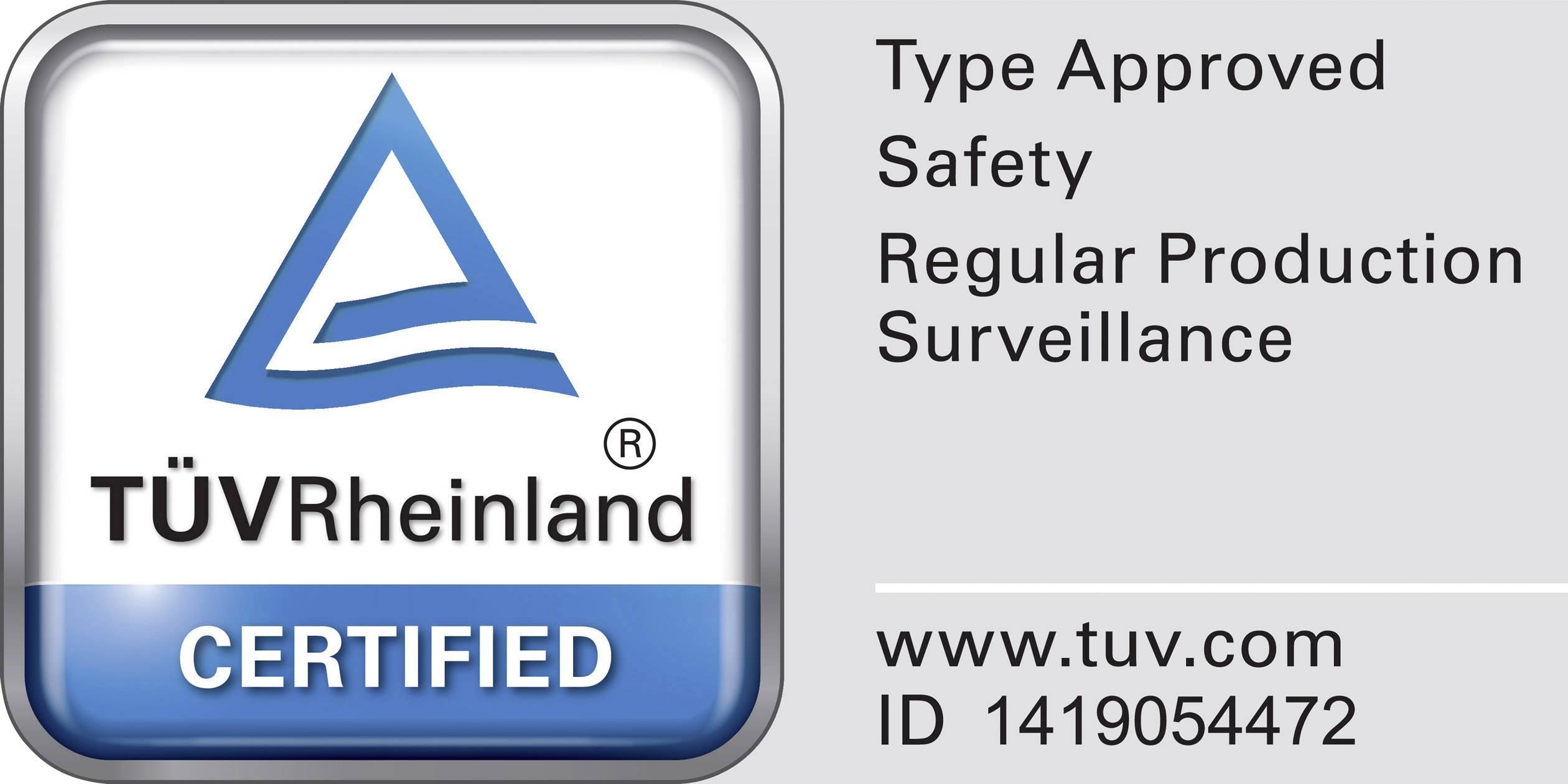 Certificirani TÜV Rheinland logotip s tekstom: Odobreno tipa, Sigurnost, Redovni nadzor proizvodnje i web-URL-om s identifikacijskim brojem.