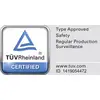 Certificirani TÜV Rheinland logotip s tekstom: Odobreno tipa, Sigurnost, Redovni nadzor proizvodnje i web-URL-om s identifikacijskim brojem.