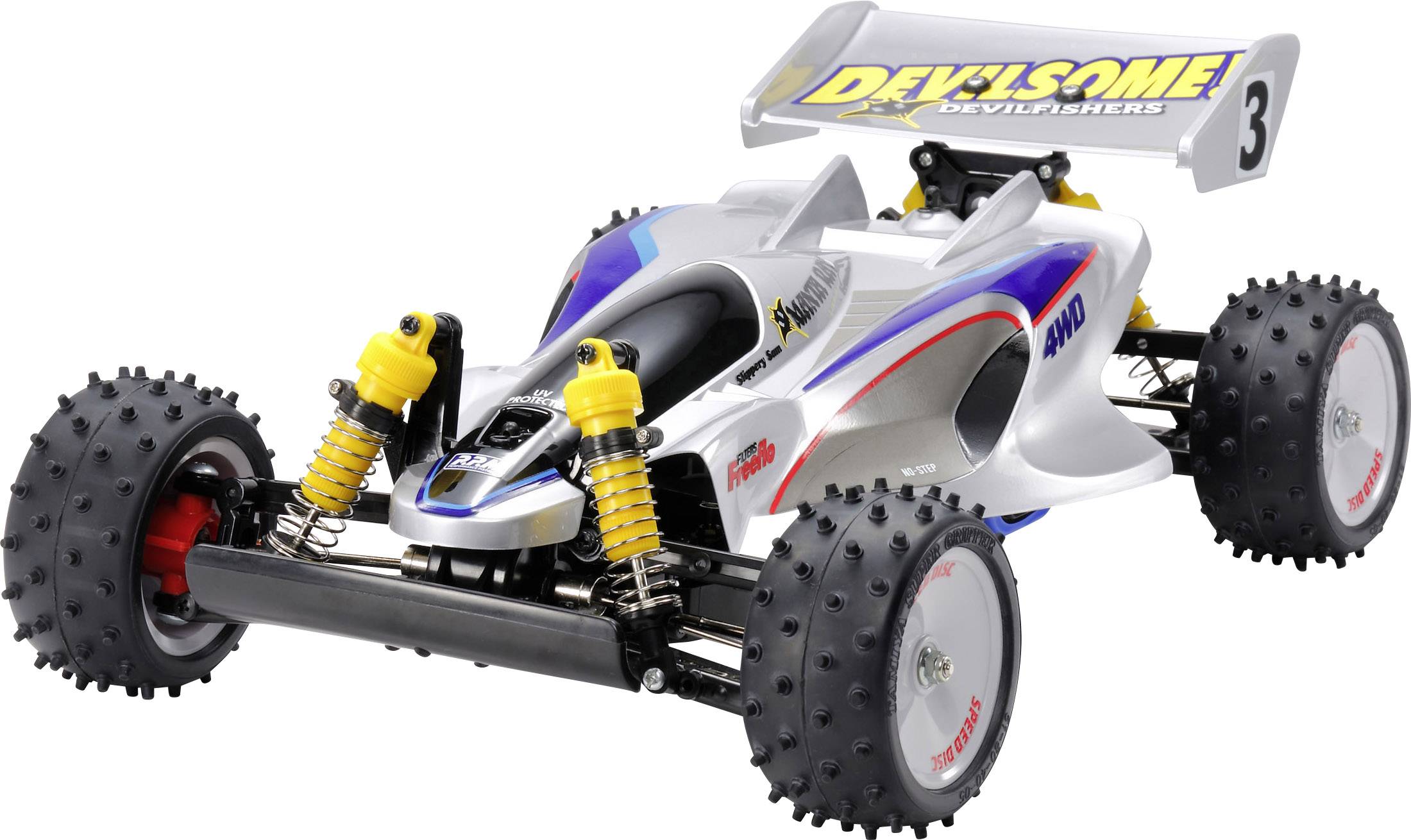Daljinski upravljani automobil u off-road stilu sa naglašenim žutim amortizericima i spoilerom, na kojem piše 'Devilsome'.