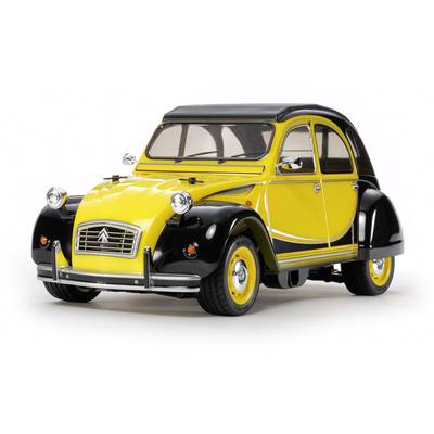 Žuti i crni oldtimer automobil marke Citroën 2CV, pogledan спреда i blago sa strane. Automobil ima okrugle farove.
