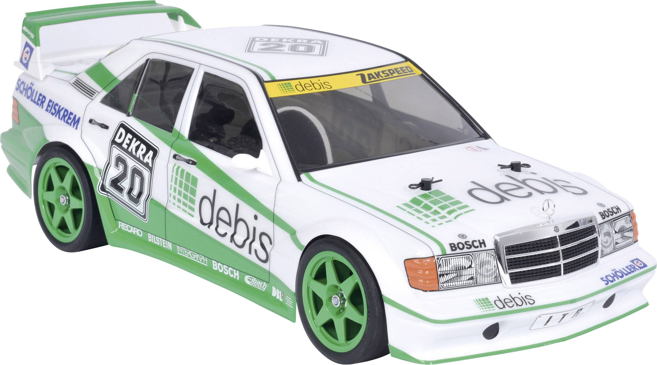 Bijeli automobilski model sličan trkačkom autu s zelenim naglascima. Auto ima natpise 'debis', 'Dekra' i 'Zakspeed'.