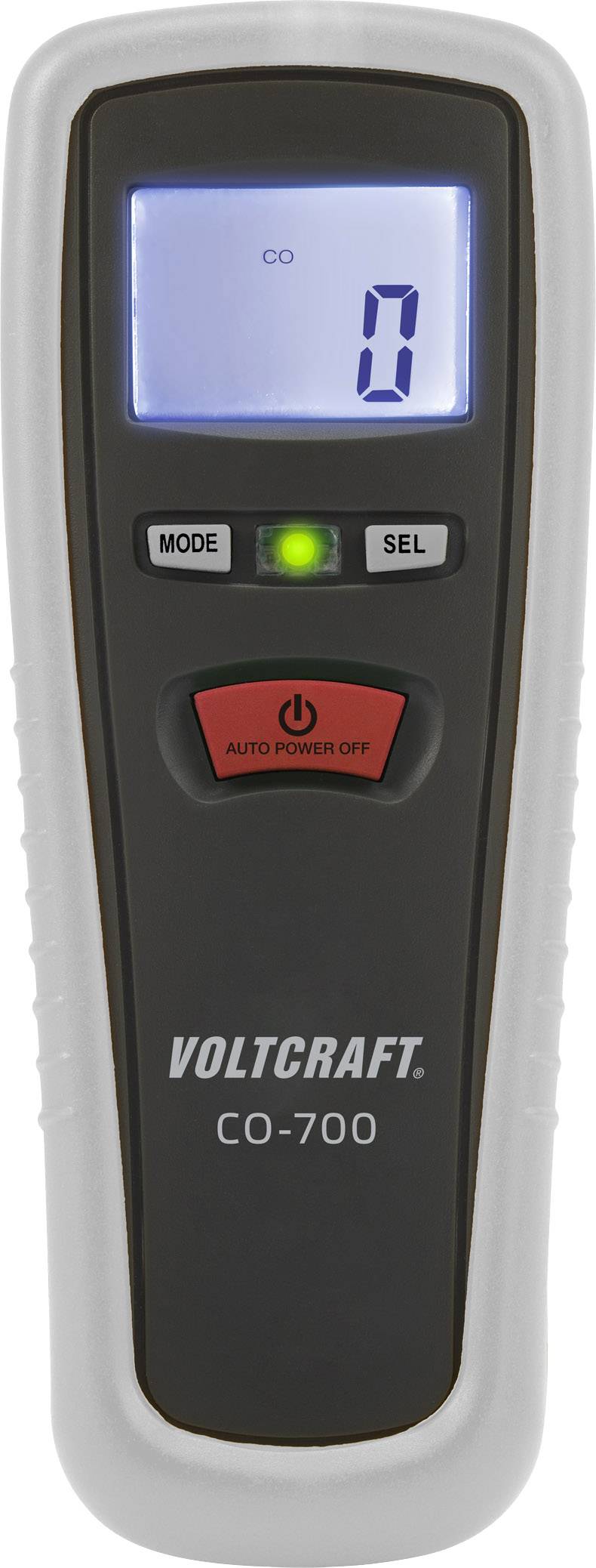 Mjerni uređaj za CO pokazuje vrijednost '0' na zaslonu. Naziv marke 'Voltcraft CO-700', ispod toga tipke za način rada i odabir.