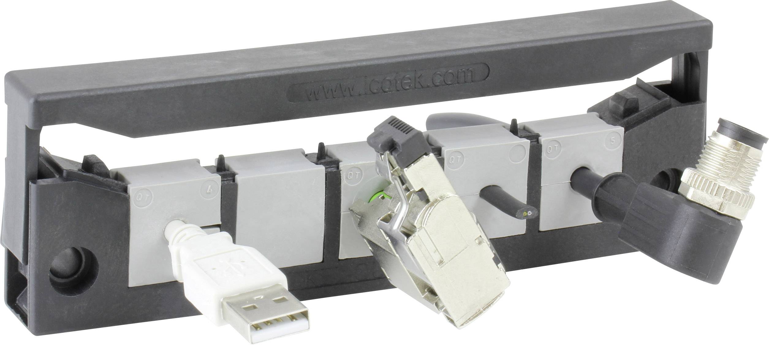 Montažni okvir s različitim priključcima: USB, HDMI, RJ45 i okrugli utikač. Koristi se za strukturiranu instalaciju kabela.