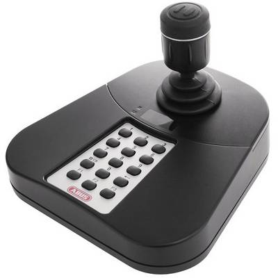 Crni joystick s numeričkom tipkovnicom, pogodan za upravljanje uređajima ili kamerama. Tipke su bijele boje s crnim brojevima.