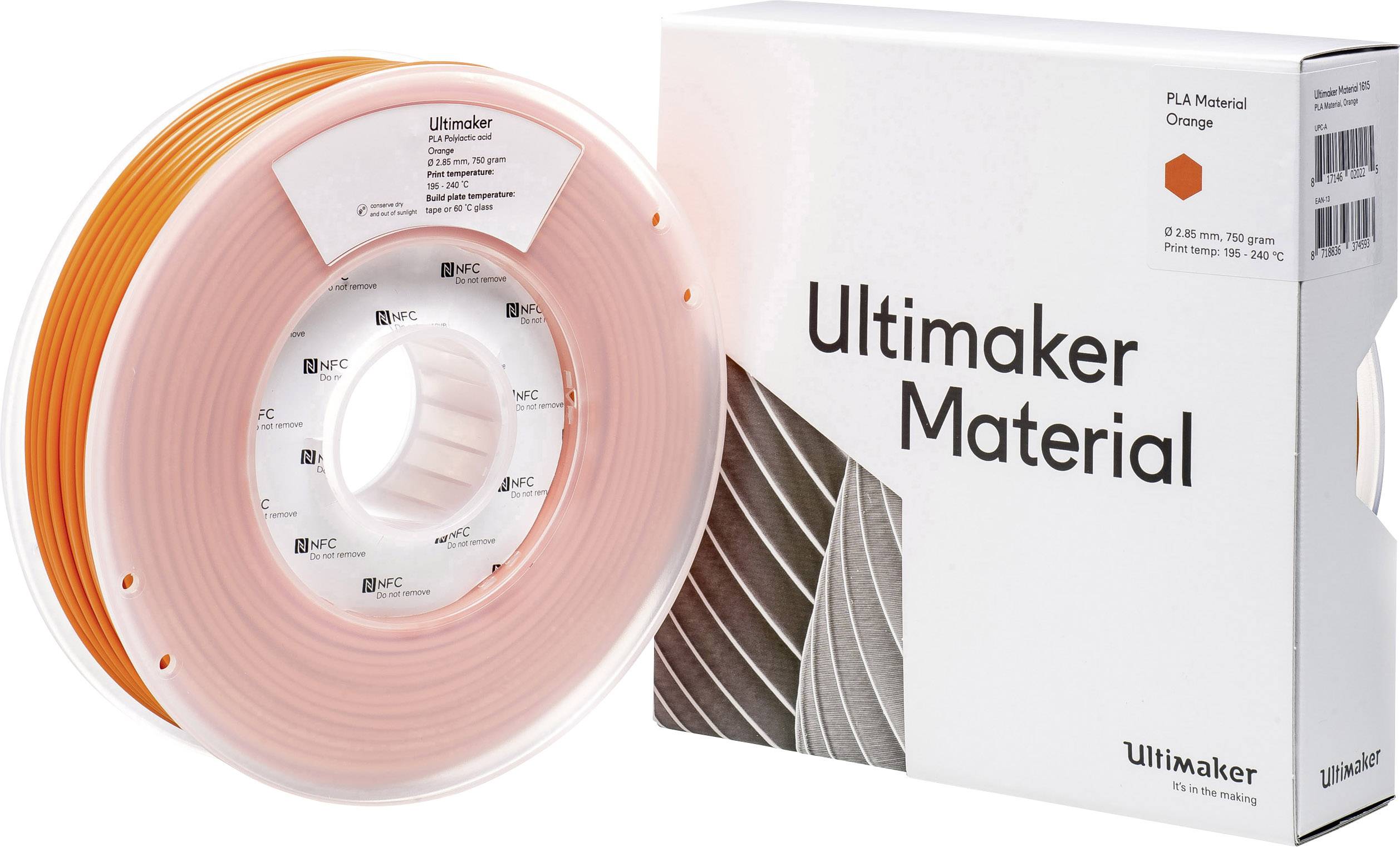 3D-printni filament na rolni narančaste boje pored bijelo-narančaste ambalaže Ultimaker materijala.