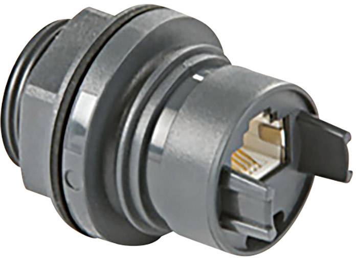 Vodootporni RJ-45 priključak u sivoj boji, pogodan za teške uvjete rada. Ima čvrstu kućištu koja štiti od vlage.