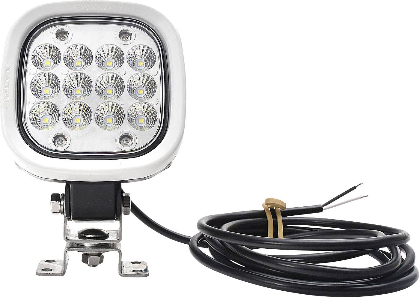 Kvadratni LED reflektor s dvanaest okruglih svjetala, montiran na metalnom postolju, s dugim crnim kabelom.