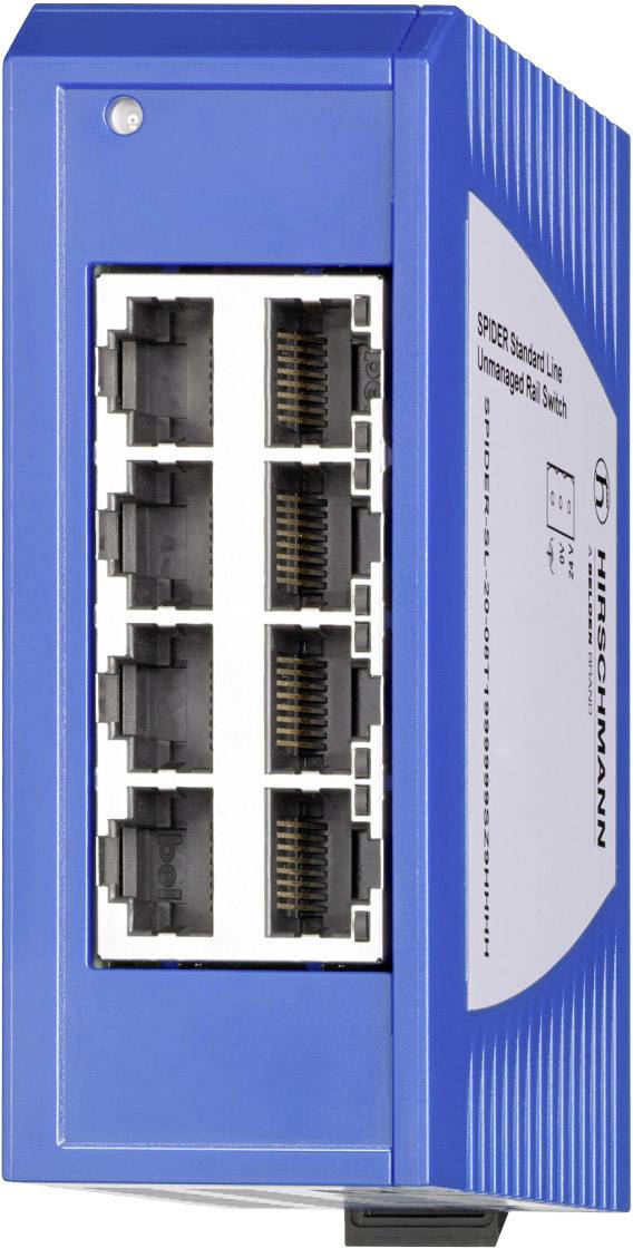 Plavi industrijski Ethernet switch s osam RJ45 priključaka za mrežne povezivosti, model Hirschmann SPIDER 8TX.