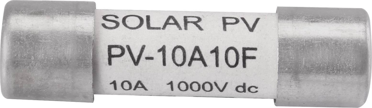 Osigurač s natpisom 'SOLAR PV PV-10A10F 10A 1000V dc', pogodan za solarne fotonaponske primjene.