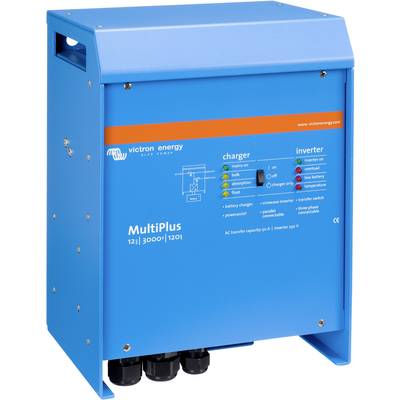 Plavi pretvarač električne energije s natpisom 'MultiPlus' kompanije Victron Energy, prikazuje stanja punjenja i kapacitet snage.