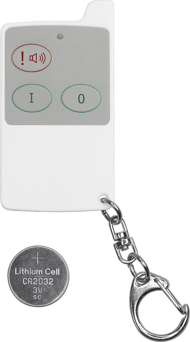Daljinski upravljač s tri tipke i privjeskom za ključeve. Pored njega gumbasta baterija s natpisom 'Lithium Cell CR2032 3V'.