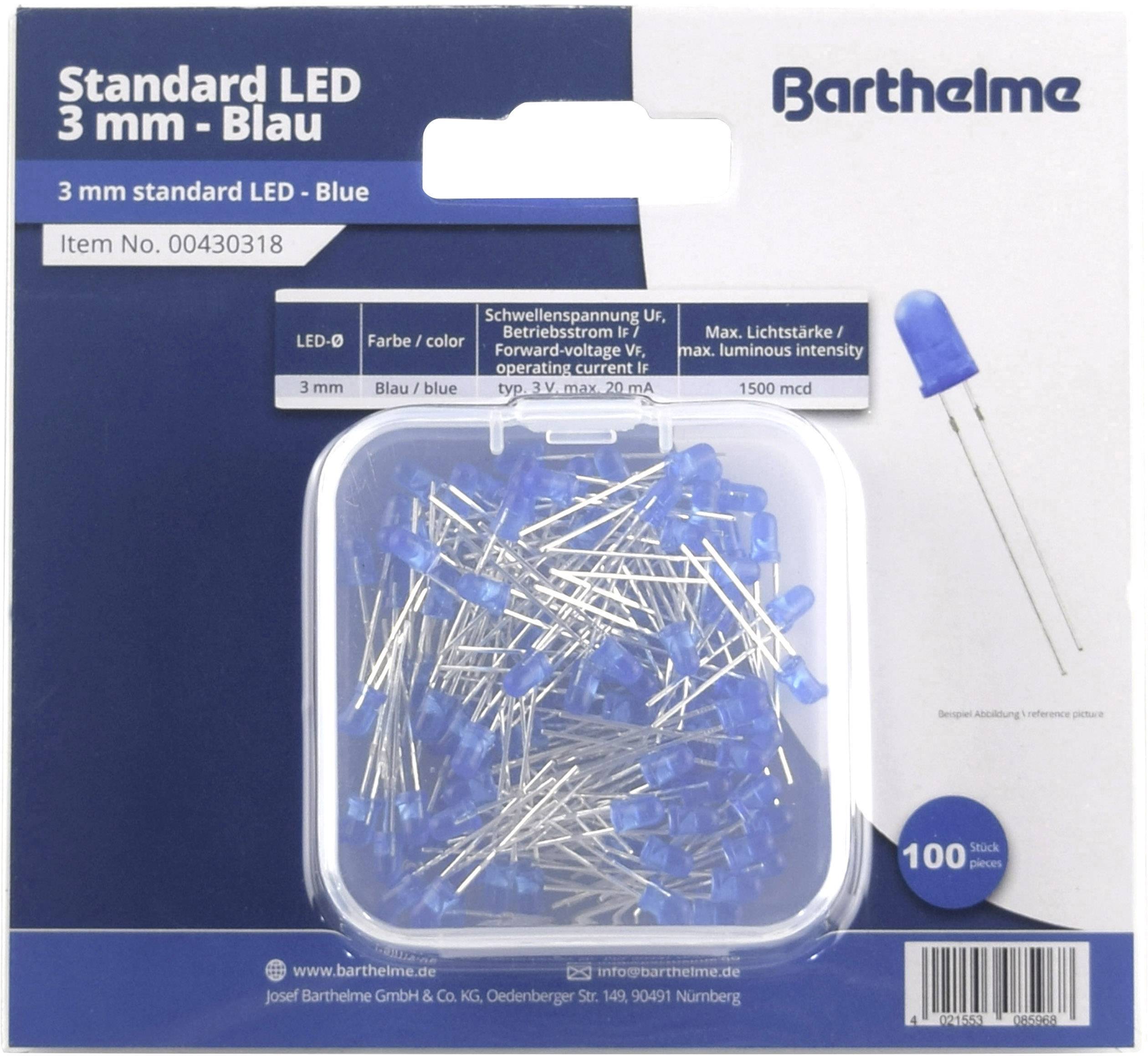 Barthelme LED-assortiment Blauw Rond 3 mm 1500 mcd 30 ° 20 mA 3 V afbeelding