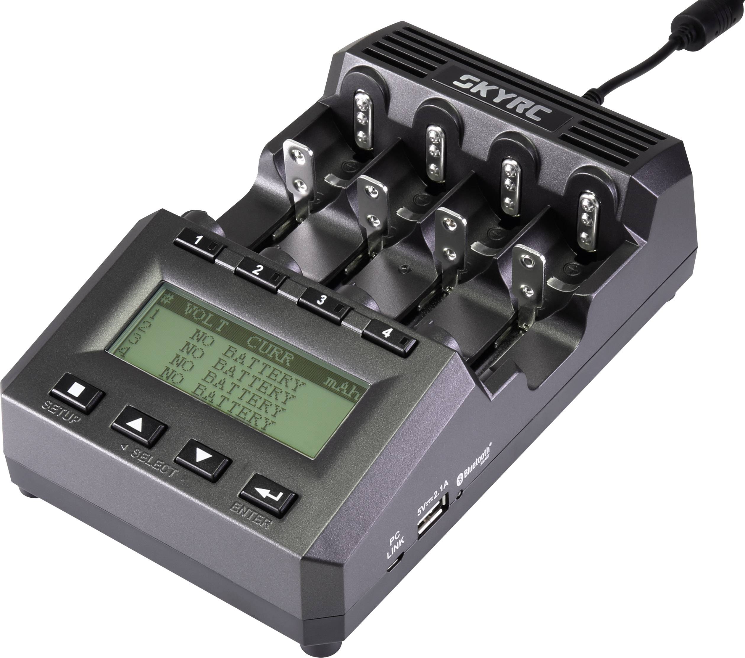 Punjač baterija s LCD zaslonom prikazuje status 'No Battery' za 4 utora. Pregledno upravljački elementi za podešavanja.