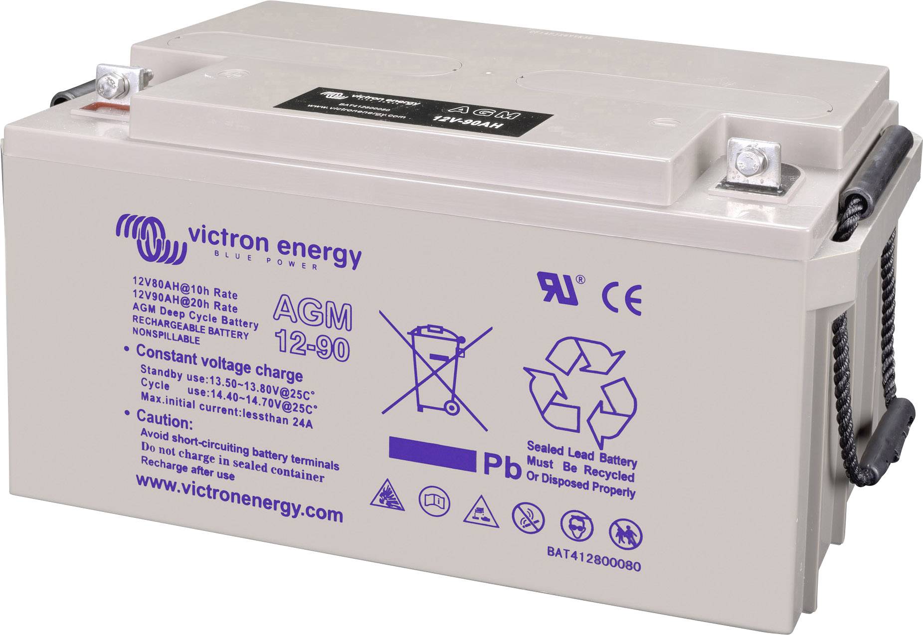 Baterija s natpisima tehničkih specifikacija; marka Victron Energy, tip AGM 12-90, sigurnosne upozorenja i simboli za zbrinjavanje.