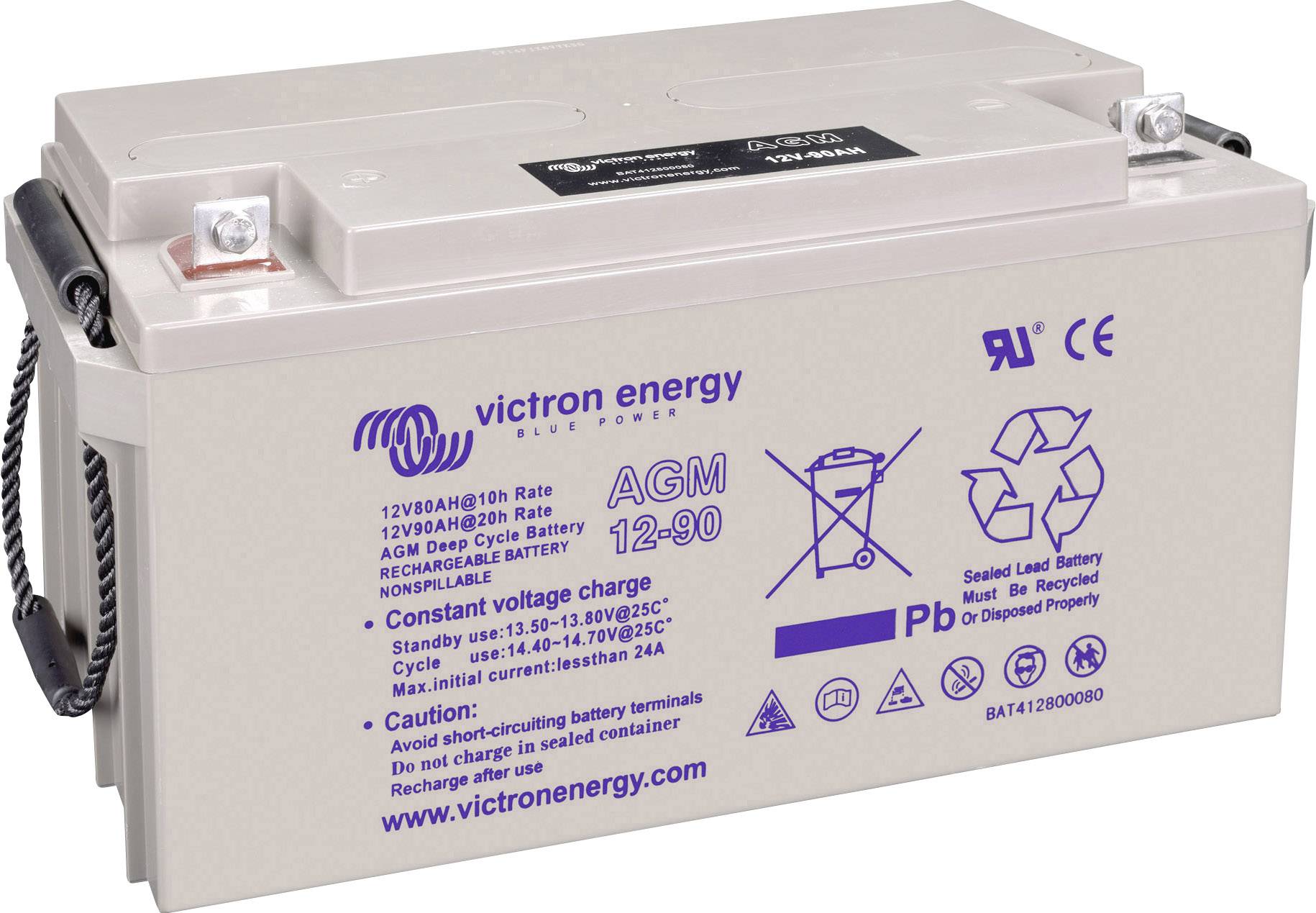 AGM 12-90 baterija tvrtke Victron Energy s tehničkim specifikacijama i sigurnosnim upozorenjima na prednjoj strani.