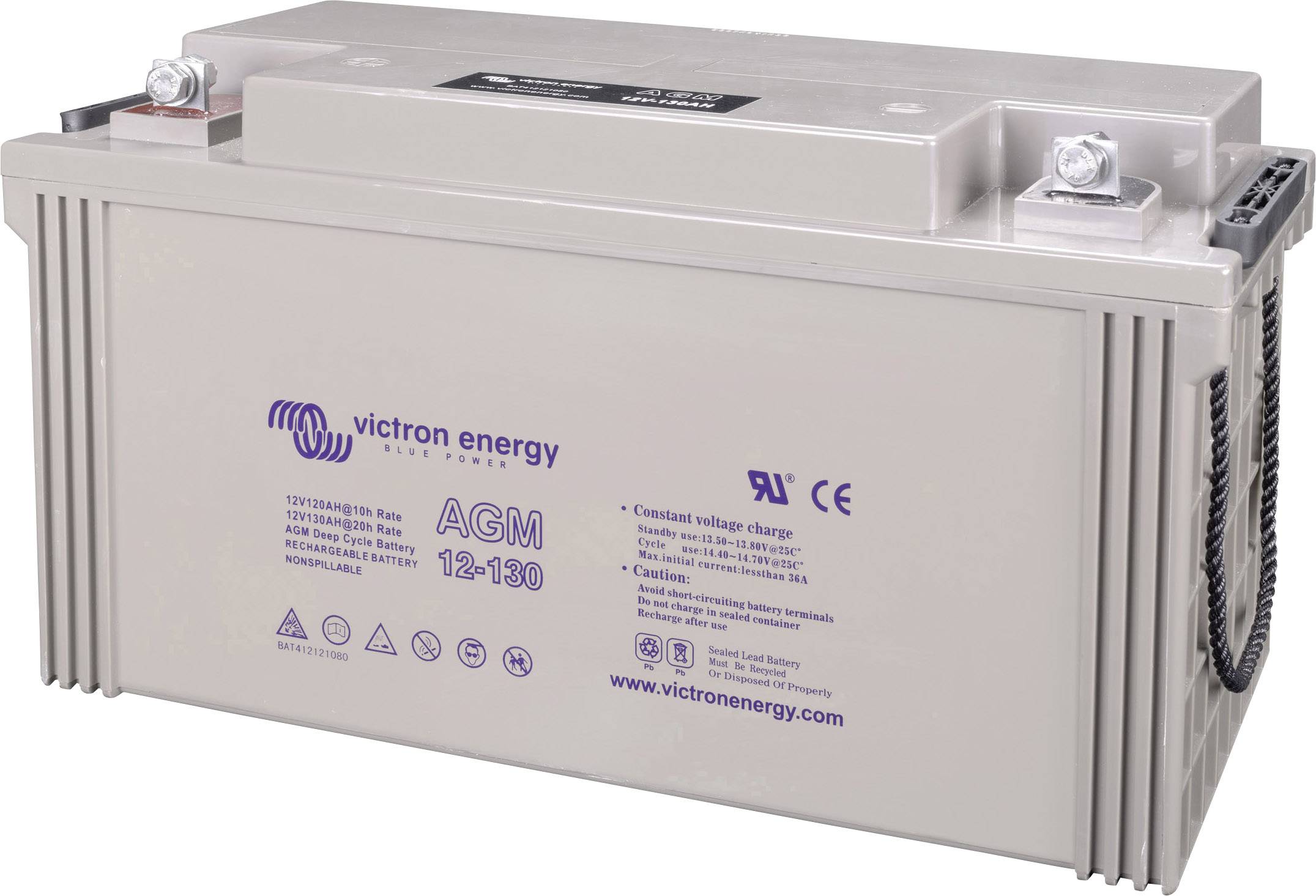 AGM 12-130 baterija od Victron Energyja, pravokutnog oblika, siva, s dva metalna priključka na vrhu. Oznake marke i specifikacije otisnute na prednjoj strani.