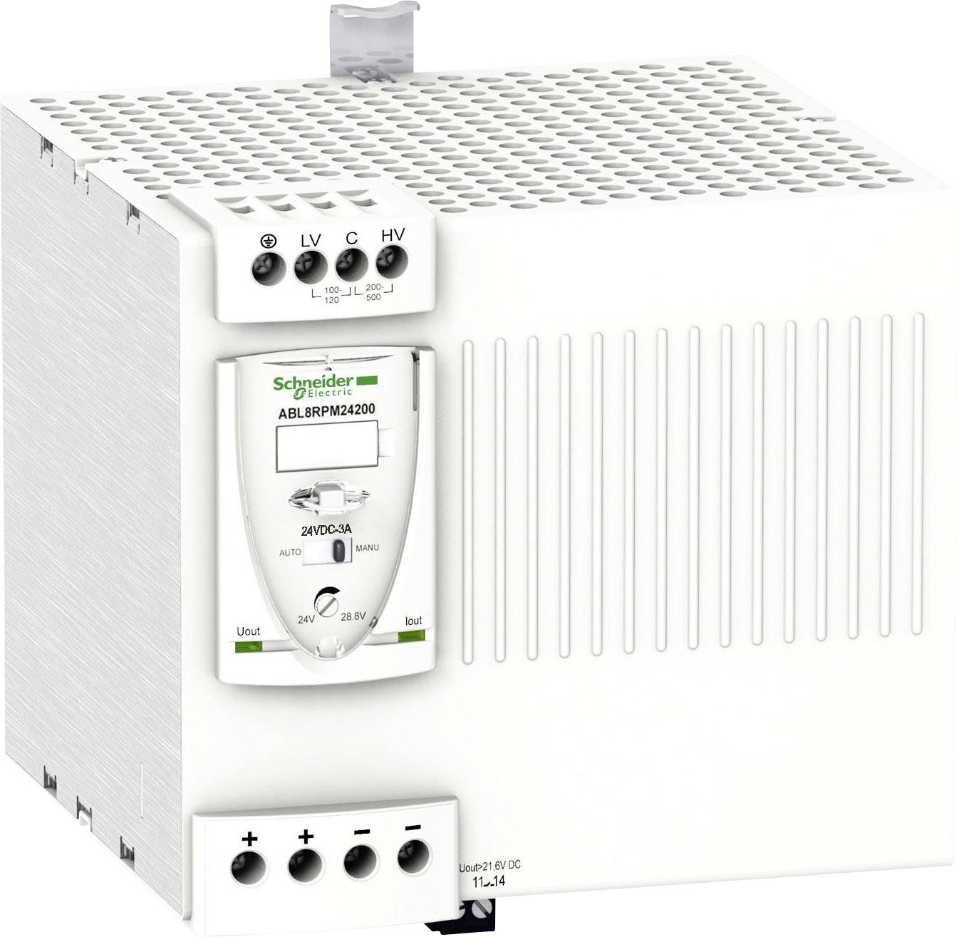 Bijeli elektronički uređaj s ventilacijskim otvorima i priključcima sprijeda, označen natpisom 'Schneider Electric ABL8RPM24200'.