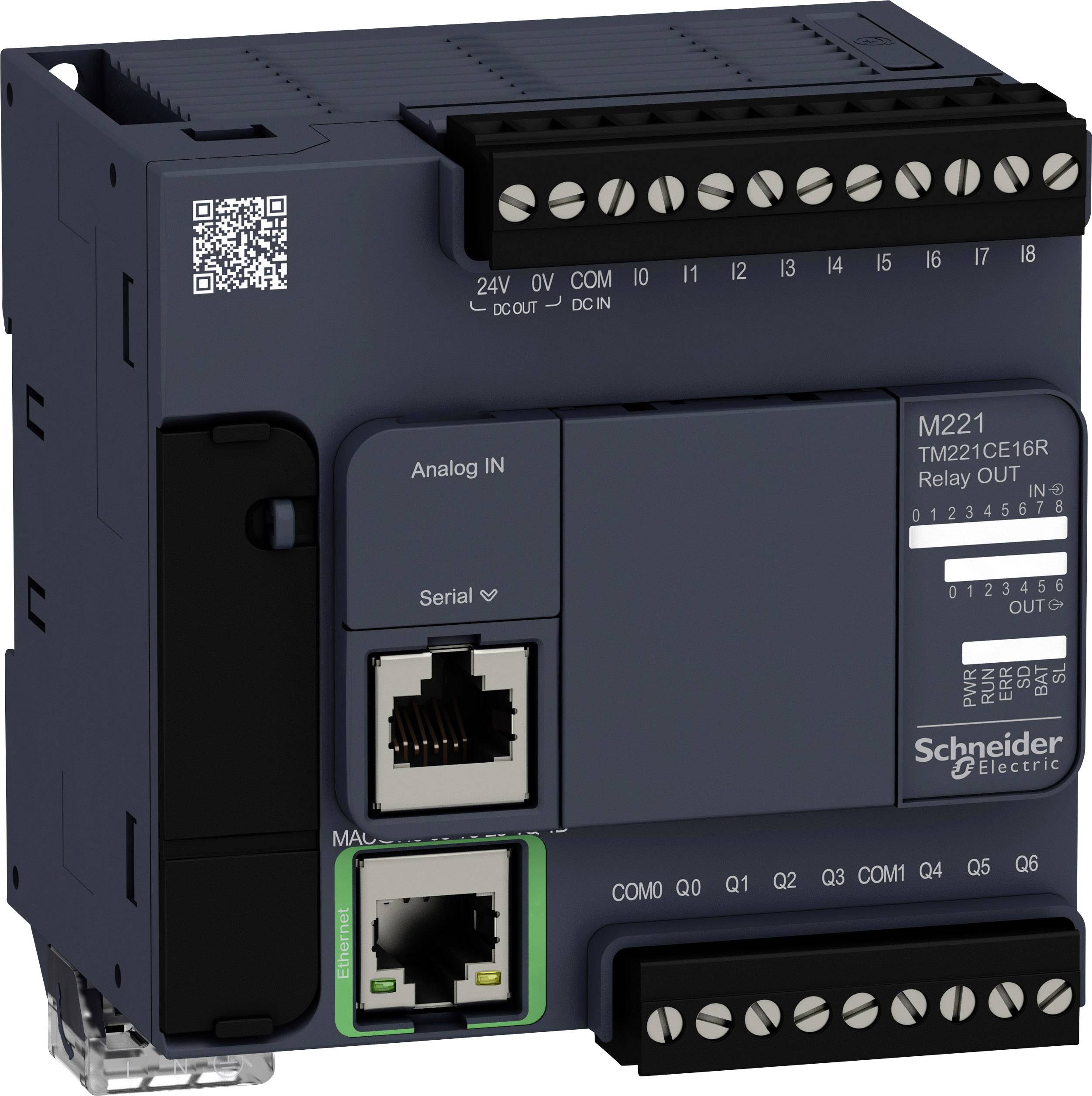 Schneider Electric M221 programabilni kontroler s više priključaka uključujući serijski i Ethernet ports, prikazuje ulaze/izlaze.