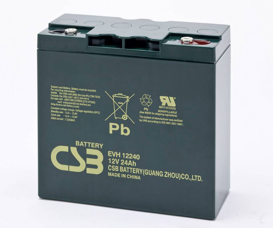 Baterija CSB EVH 12240, 12V 24Ah, olovna kiselina, izrađena u Kini, zelena sa plus i minus polovima na vrhu.