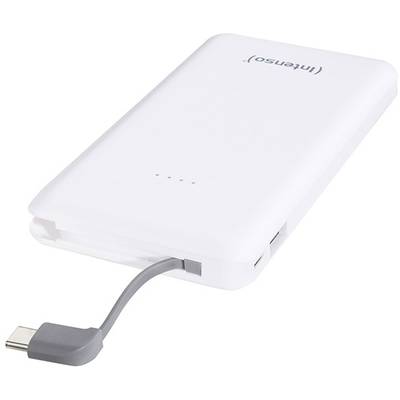 Prikazana je bijela prijenosna baterija s ugrađenim USB-C kabelom. Ima vitki dizajn i četverostupanjski LED indikator.