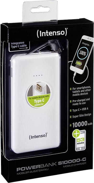 Crna ambalaža bijskog prijenosnog punjača 'Intenso' S10000-C s integriranim Type-C kabelom, kapaciteta 10000 mAh. Pogodan za pametne telefone.