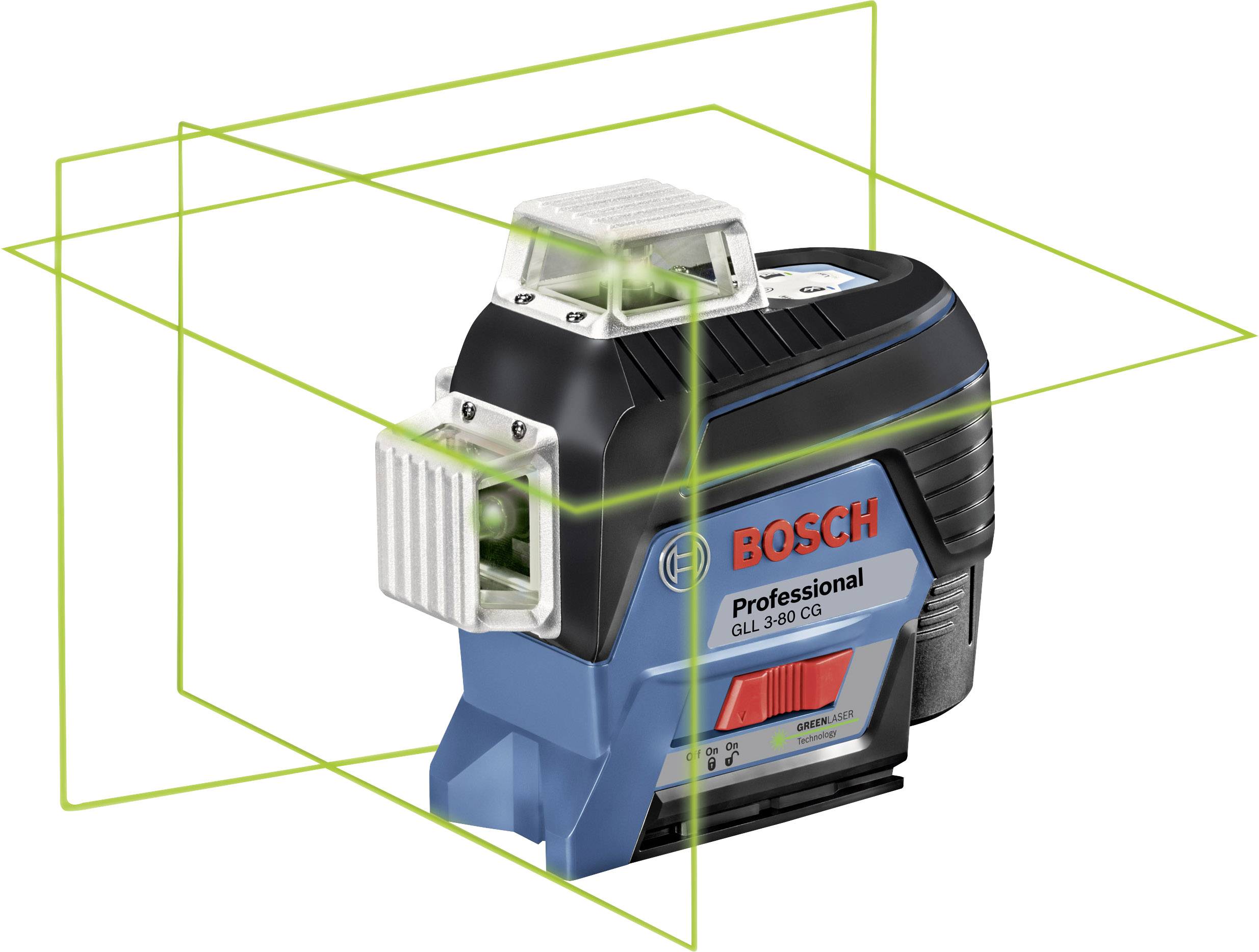 Bosch laserski uređaj za nivelaciju s više zelenih laserskih linija koje se projiciraju u različitim smjerovima, namijenjen preciznim mjerenjima.