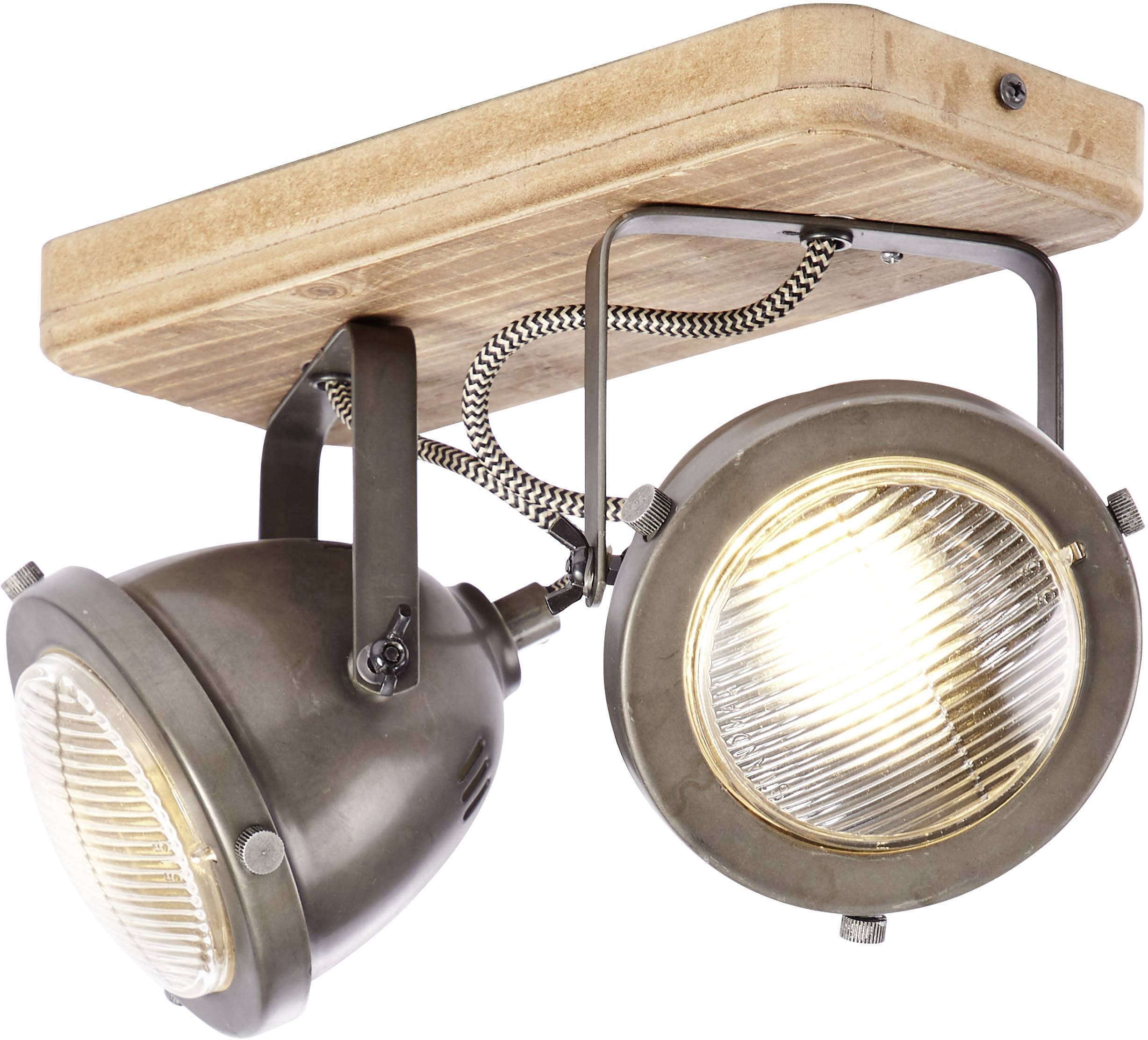 Stropna lampa u industrijskom stilu sa dva podesiva metalna reflektora na pravokutnoj bazi sličnoj drvu.