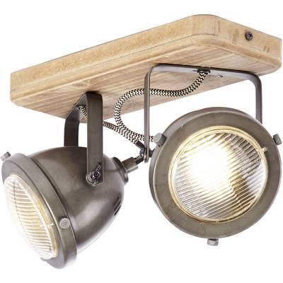 Stropna lampa u industrijskom stilu sa dva podesiva metalna reflektora na pravokutnoj bazi sličnoj drvu.