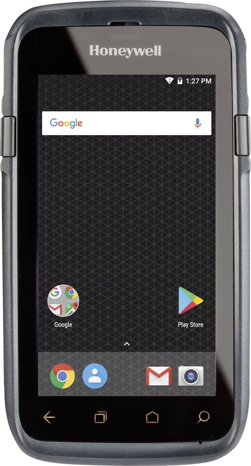 Pametni telefon s Honeywell logotipom prikazuje početni zaslon s Google trakom za pretraživanje i nekoliko ikona aplikacija, uključujući Google, Play Store i Gmail.