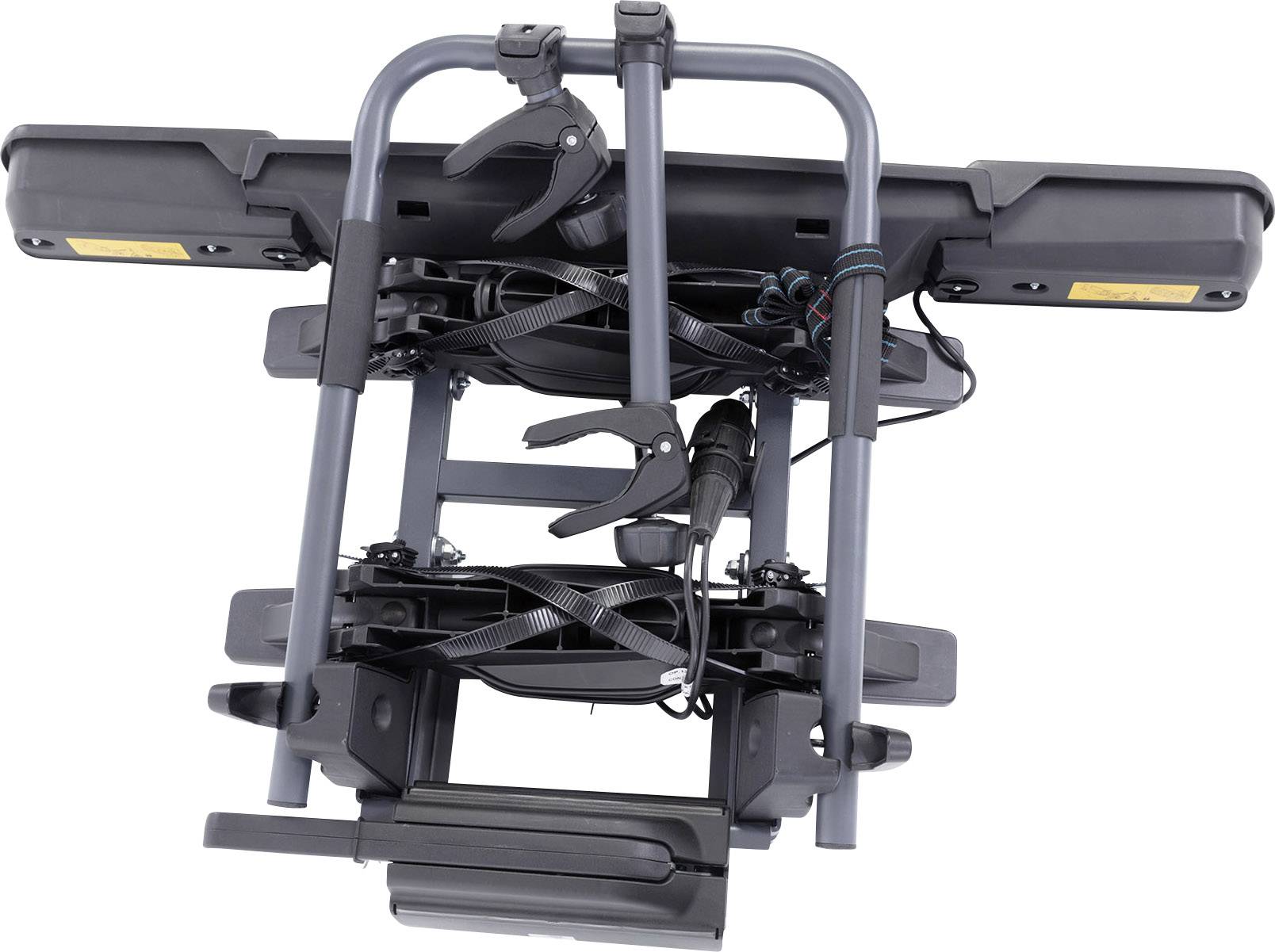 Sklopljivi nosač za bicikle s čvrstim metalnim okvirom i pričvrsnim trakama. Vidljiv odozgo, spreman za montažu.