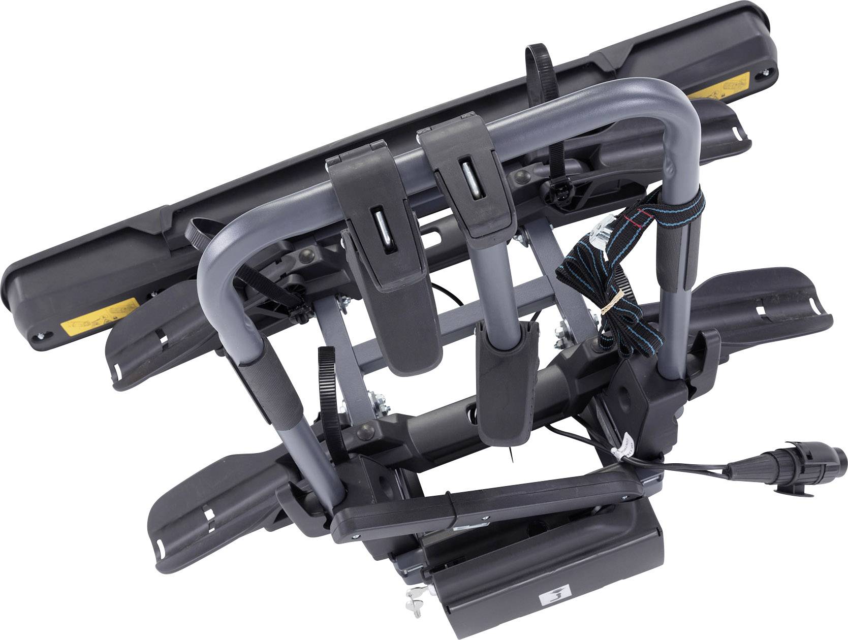 Metalni nosač bicikla vidljiv odozgo, s kabelima i elementima za pričvršćivanje, pogodan za montažu na vozila.