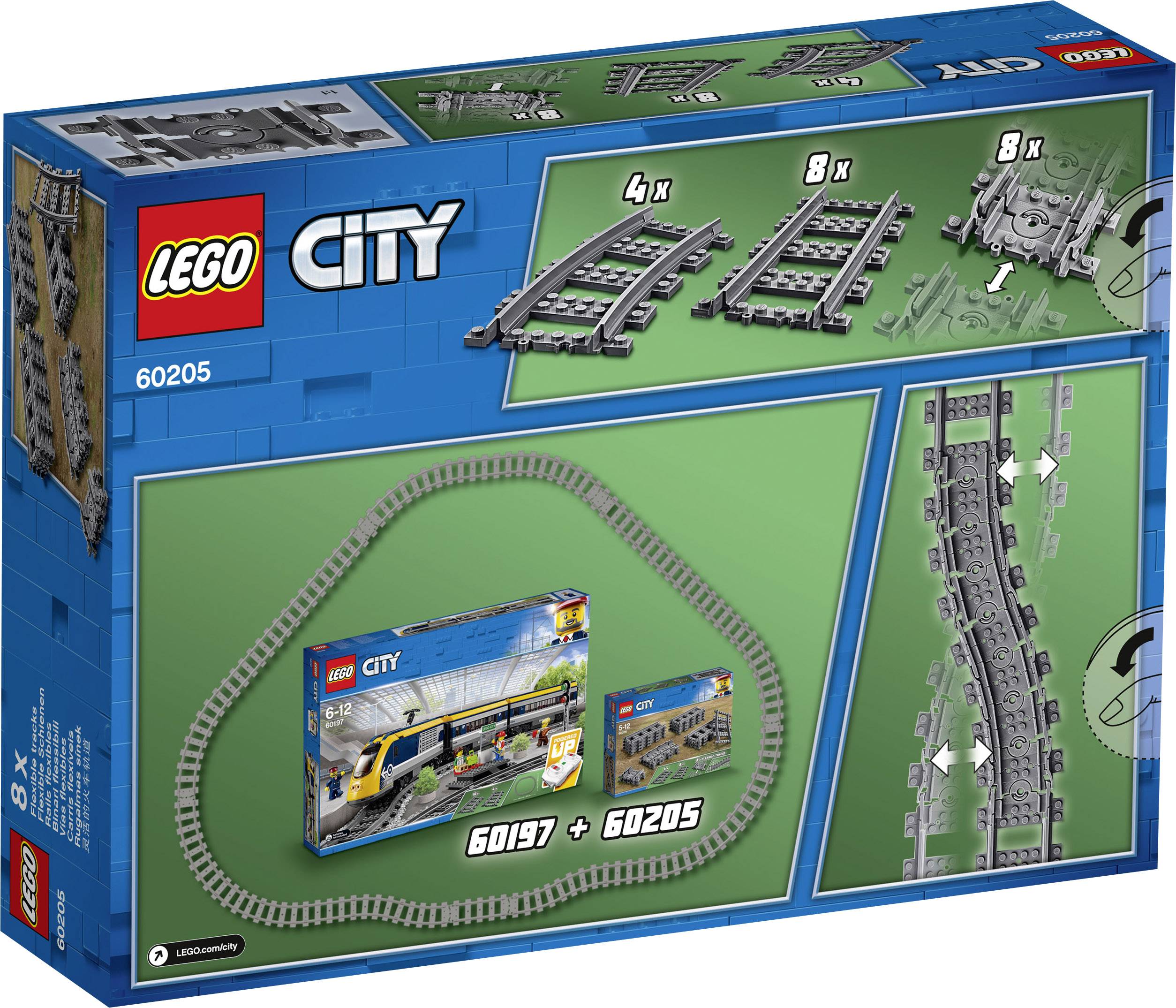 LEGO City set tračnica 60205 sa ravnim, zakrivljenim i skretničkim tračnicama, kompatibilan s ostalim LEGO setovima, za proširenje pruge.