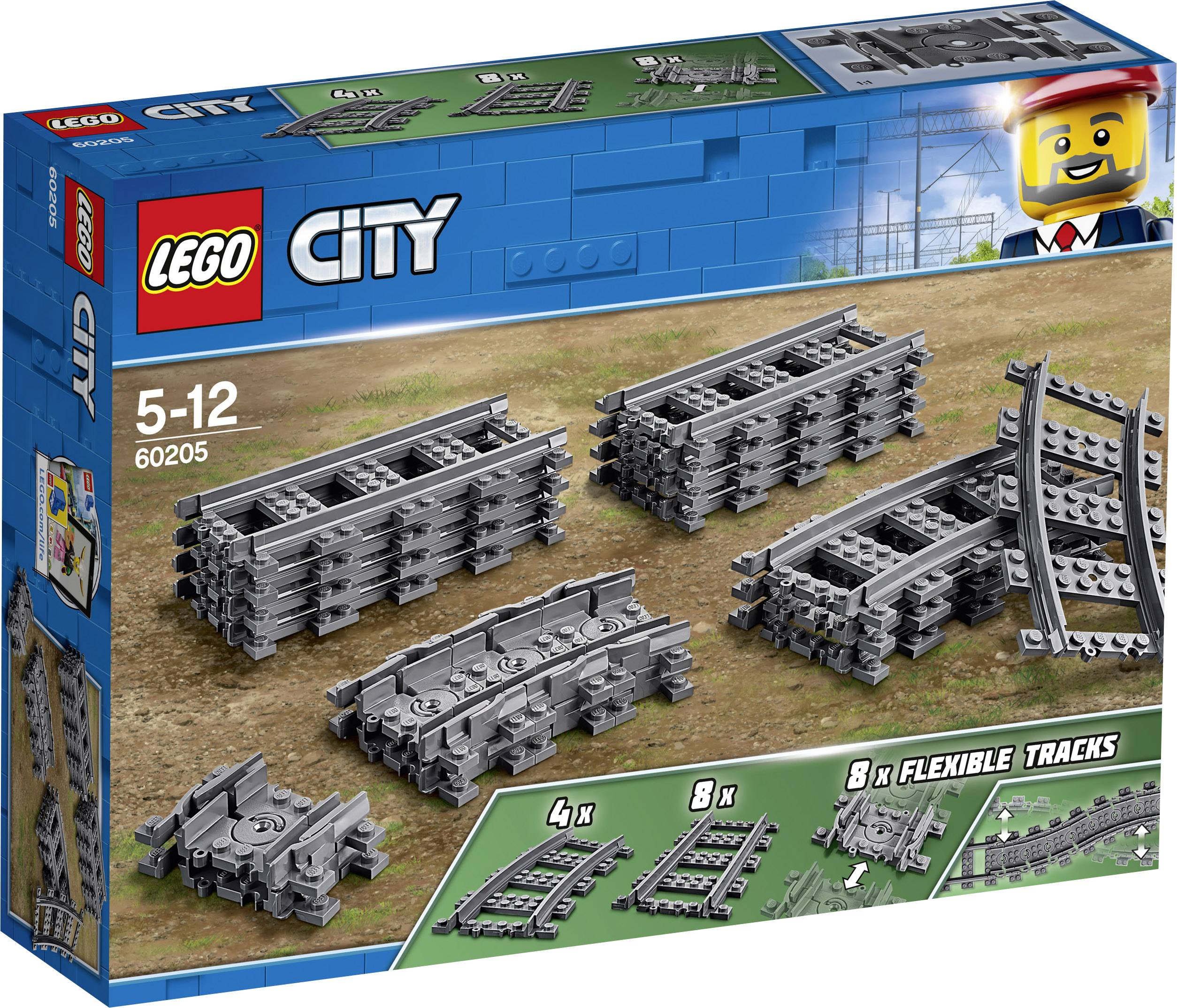 LEGO City komplet željezničkih tračnica s fleksibilnim tračnicama. Uključuje 4 ravne, 8 fleksibilnih i 8 zakrivljenih komada tračnica. Za djecu od 5 godina.