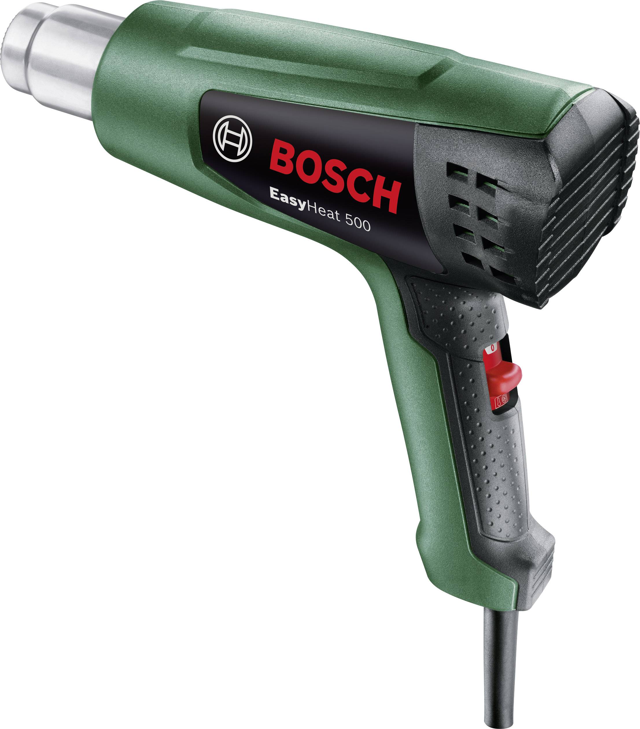 Prikaz zelenog Bosch EasyHeat 500 toplozračnog grijača s crnom ručkom i crvenim prekidačem, snimljen sa strane.