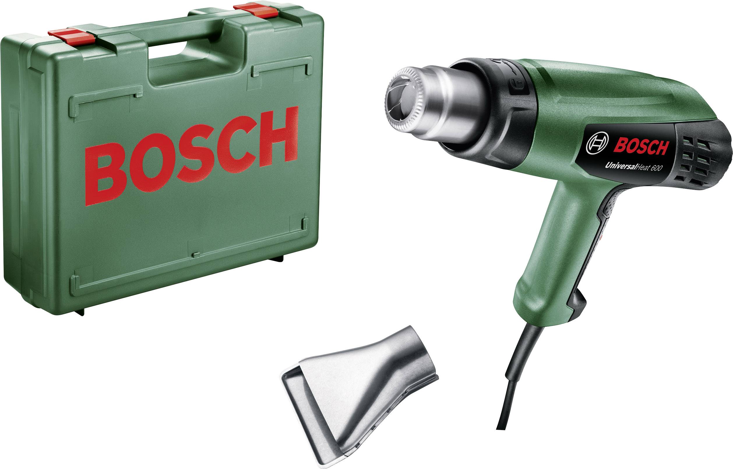 Zelena toplozračna pištola Bosch s koferom i nastavkom, pogodna za različite DIY poslove.