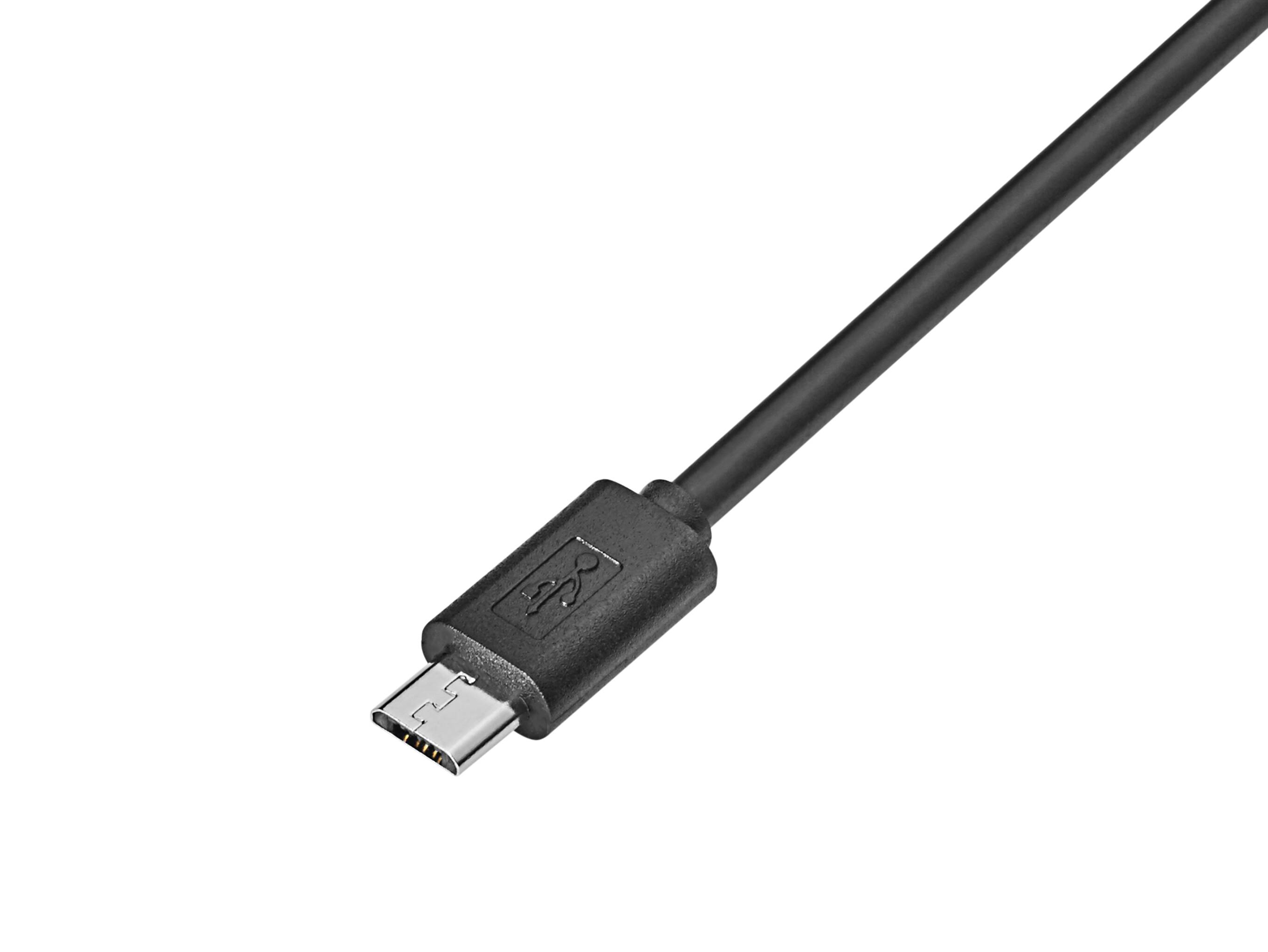 Crni USB kabel s Micro-USB utikačem na kraju, na bijeloj pozadini.