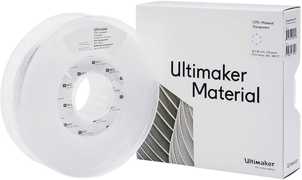 Rolnica prozirnog 3D-printnog materijala pored ambalaže s natpisom 'Ultimaker Material'.
