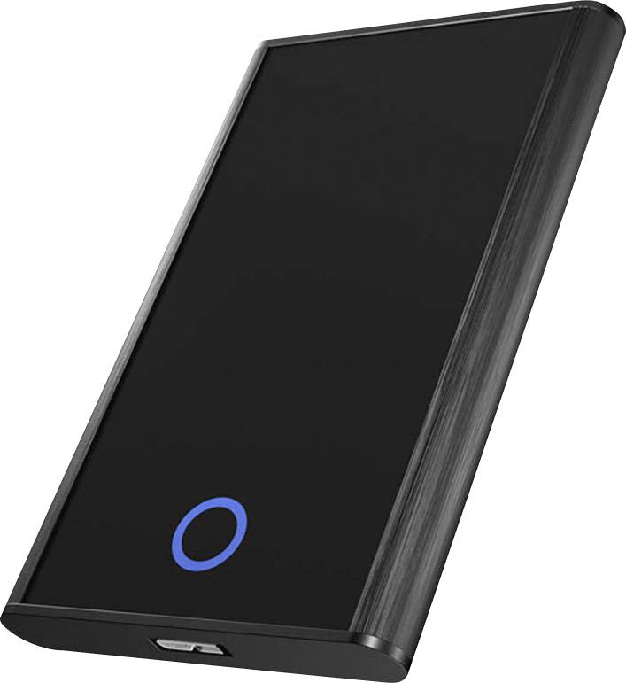 Prijenosna crna power banka s USB priključkom i plavim LED svjetlosnim prstenom, koristi se za punjenje mobilnih uređaja tijekom putovanja.