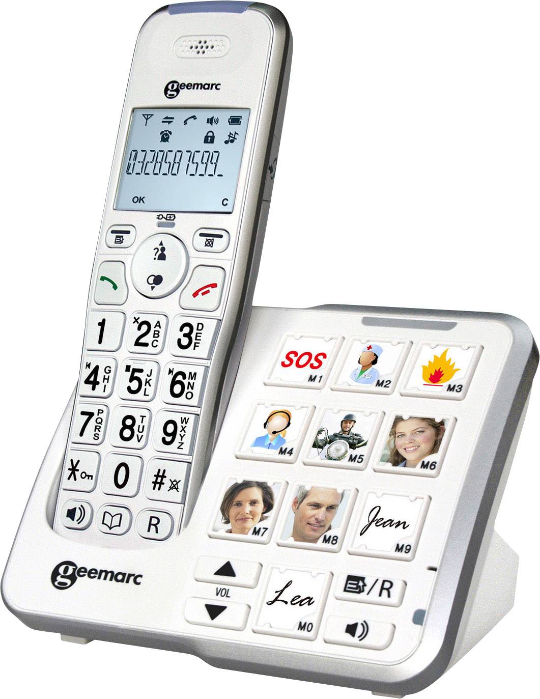 Bežični telefon s velikim tipkama, zaslonom i foto-tipkama na baznoj stanici za jednostavno pozivanje kontakata.