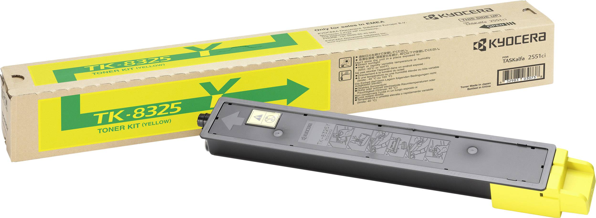 Žuti Kyocera TK-8325 komplet tonera u kartonskoj ambalaži, pogodan za pisače u boji.