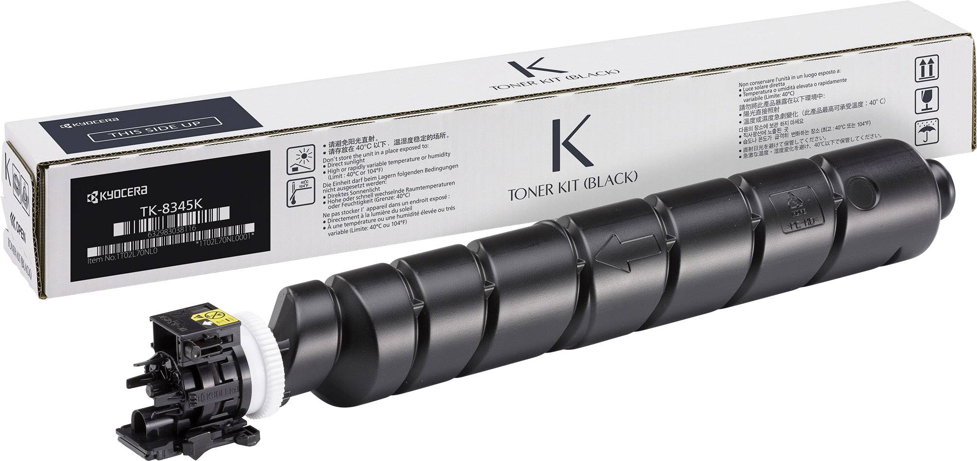 Crni komplet tonera i ambalaža. Označeno natpisom 'Toner Kit (Black) TK-8345K'. Vidljiv logotip marke.