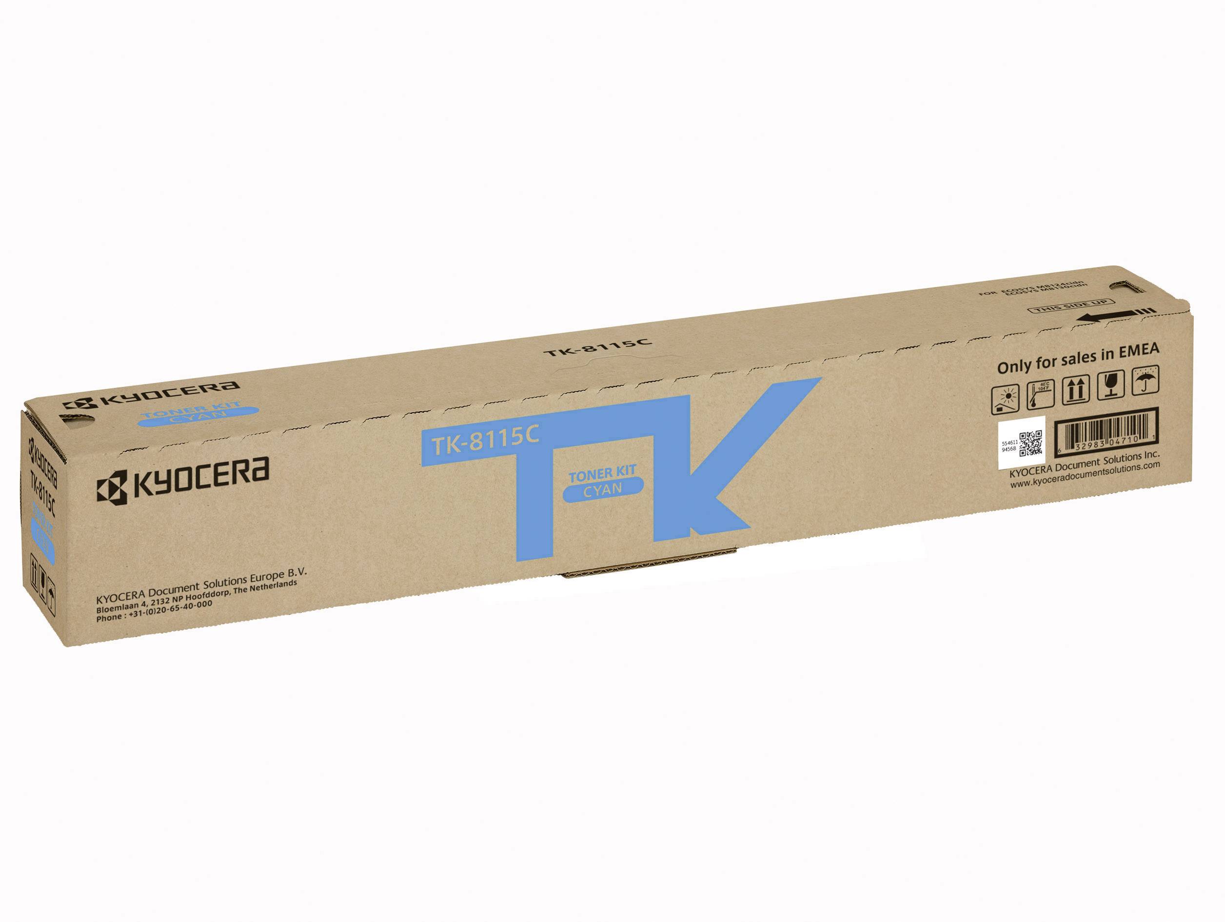 Smeđa kartonska ambalaža s natpisom 'TK-8115C' i 'Kyocera', sadrži komplet tonera za pisač, namijenjen isključivo prodaji u EMEA regiji.