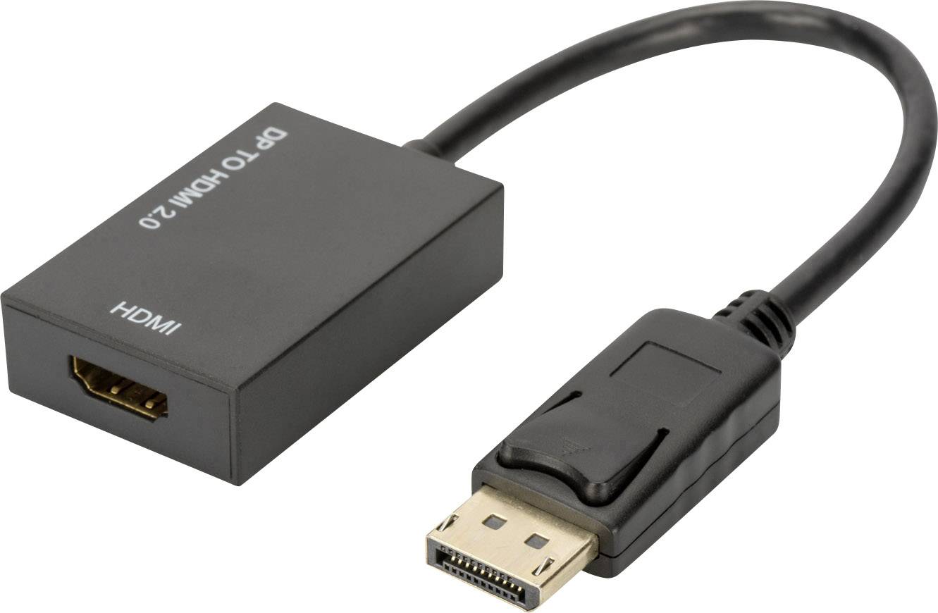 Crni adapter s natpisom 'DP TO HDMI 2.0'. Ima DisplayPort utikač s jedne strane i HDMI priključak s druge strane.